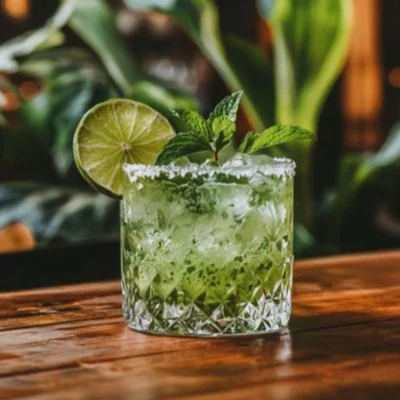 Mojito con lima y hierbabuena en vaso tallado