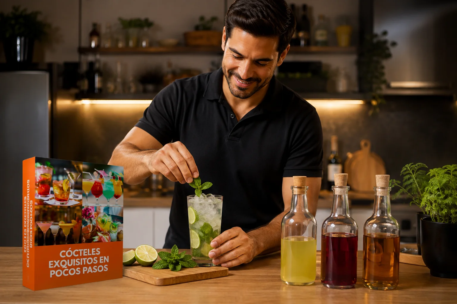 Hombre preparando un mojito en una barra casera junto al ebook Cócteles Exquisitos en Pocos Pasos